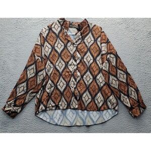 Dis Moi Shirt Top Womens Multi Geometric Cotton Stretch Long Sleeve Button Down‎